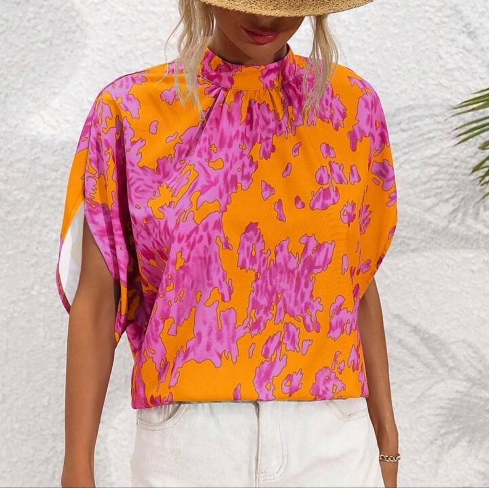 Womens' Stand Collar Tie-Dye Batwing Sleeve Shirt - Picture 5 of 5